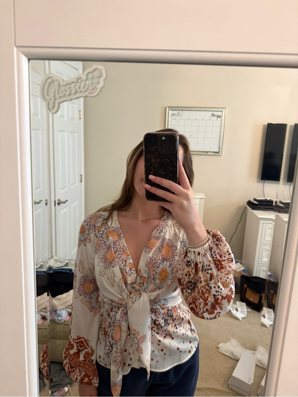 Free People Cream Tunic with Pink and Mustard Floral Print